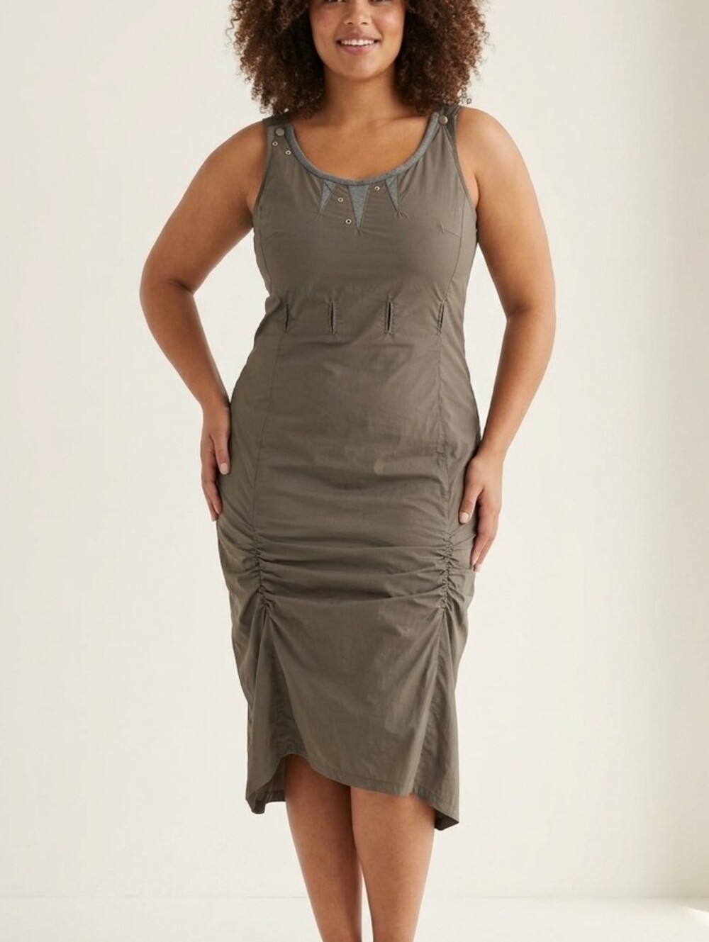 Solola Olive Green Sleeveless Midi Dress Size 40 Cotton Blend Ruched Hem Dress